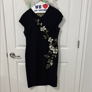 Maggy London Black Sheath Midi Dress V-Neck Cap Sleeve